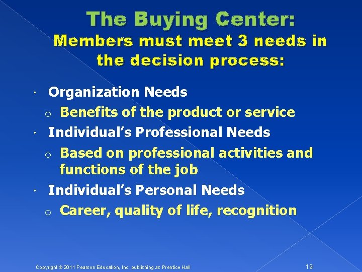 The Buying Center: Members must meet 3 needs in the decision process: Organization Needs
