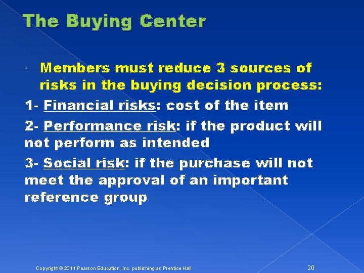 The Buying Center Members must reduce 3 sources of risks in the buying decision