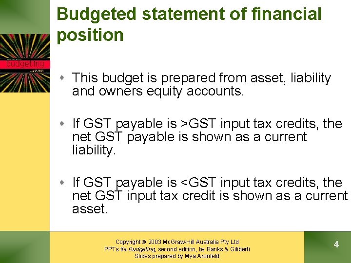 Budgeted statement of financial position s This budget is prepared from asset, liability and