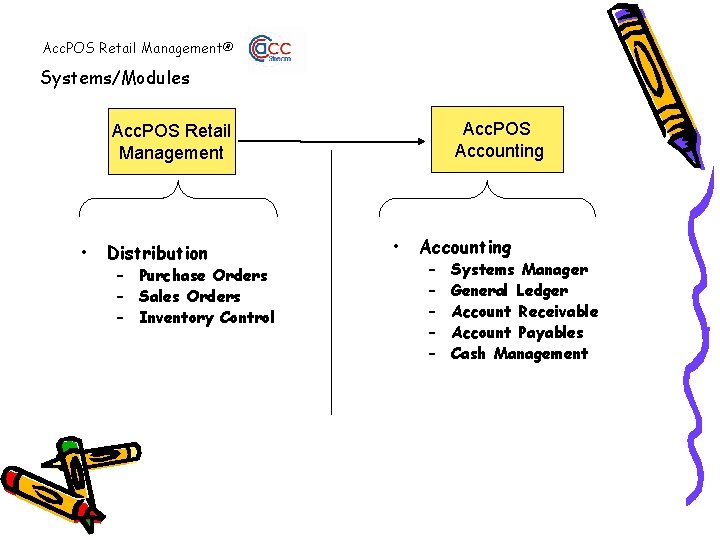 Acc. POS Retail Management® Systems/Modules Acc. POS Accounting Acc. POS Retail Management • Distribution