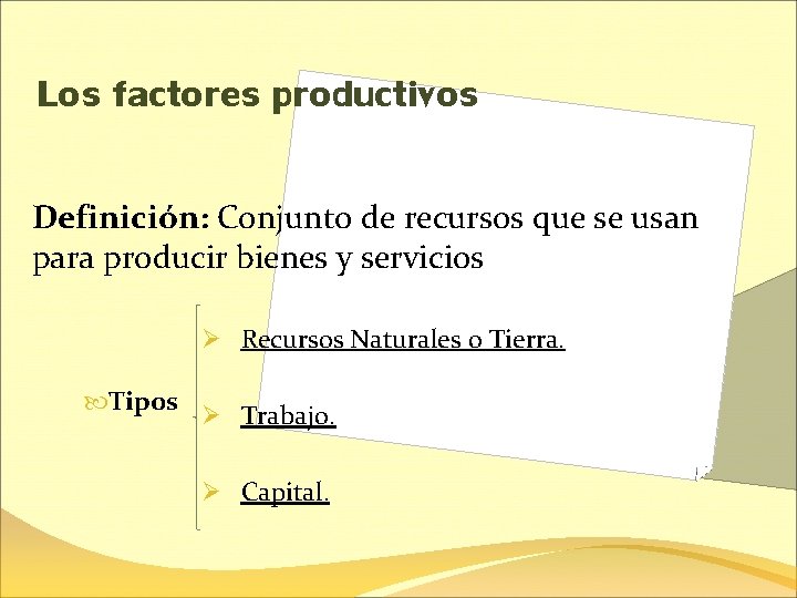 Los factores productivos Definición: Conjunto de recursos que se usan para producir bienes y
