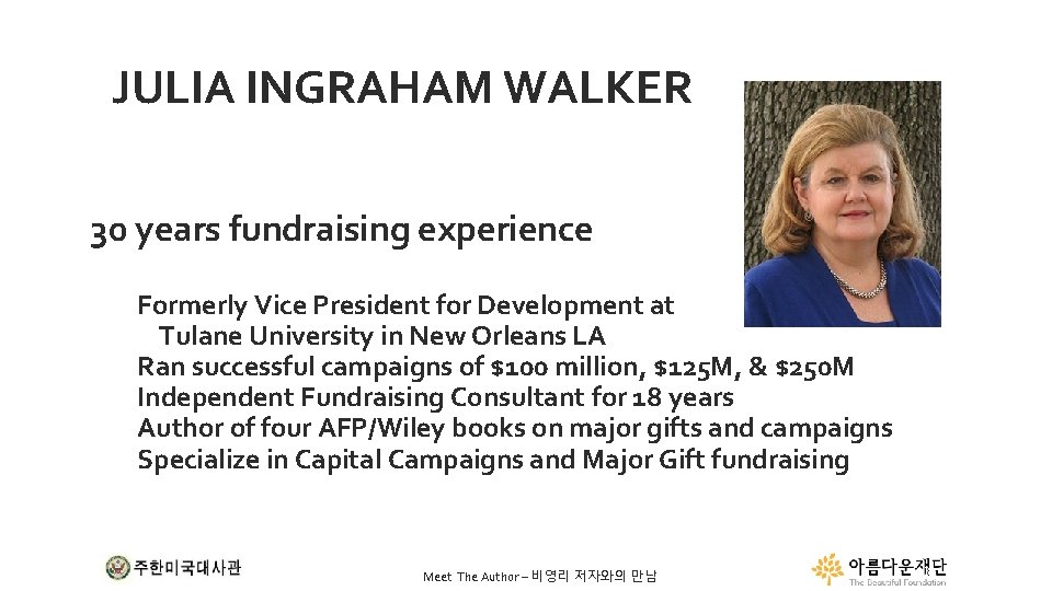 JULIA INGRAHAM WALKER 30 years fundraising experience Formerly Vice President for Development at Tulane