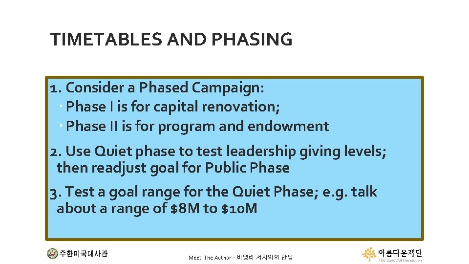 TIMETABLES AND PHASING 1. Consider a Phased Campaign: Phase I is for capital renovation;