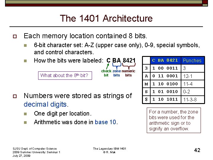 The 1401 Architecture o Each memory location contained 8 bits. n n 6 -bit
