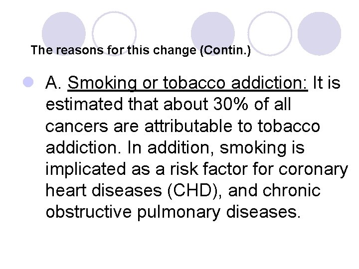 The reasons for this change (Contin. ) l A. Smoking or tobacco addiction: It