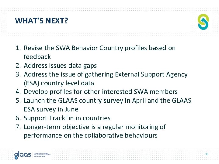 WHAT’S NEXT? 1. Revise the SWA Behavior Country profiles based on feedback 2. Address