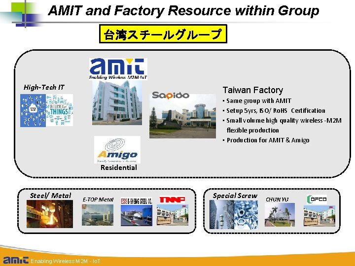 AMIT and Factory Resource within Group 台湾スチールグループ High-Tech IT Taiwan Factory • Same group