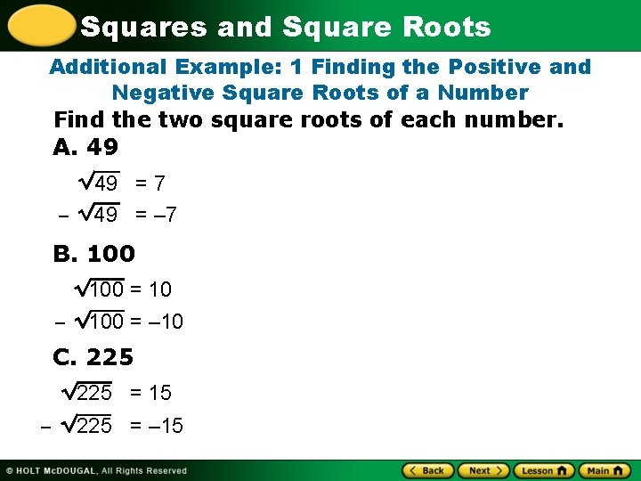 Squares and Square Roots Additional Example: 1 Finding the Positive and Negative Square Roots