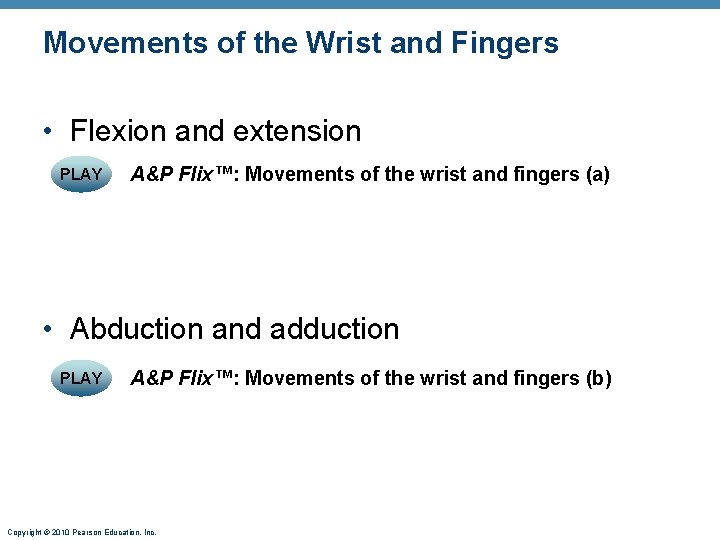 Movements of the Wrist and Fingers • Flexion and extension PLAY A&P Flix™: Movements