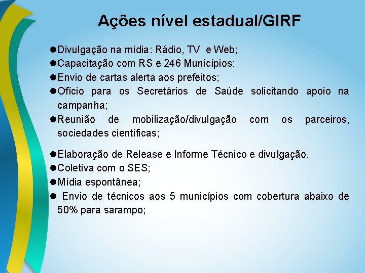 Ações nível estadual/GIRF Divulgação na mídia: Rádio, TV e Web; Capacitação com RS e