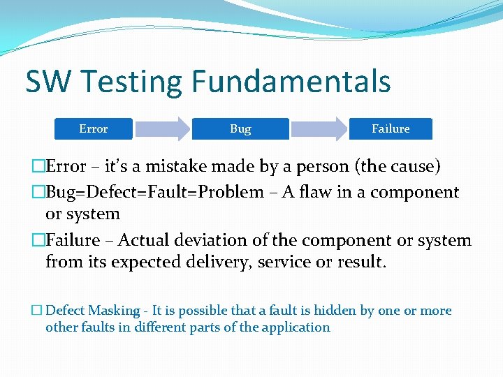 SW Testing Fundamentals Error Bug Failure �Error – it’s a mistake made by a