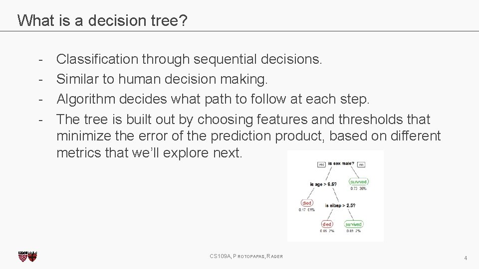 What is a decision tree? - Classification through sequential decisions. Similar to human decision