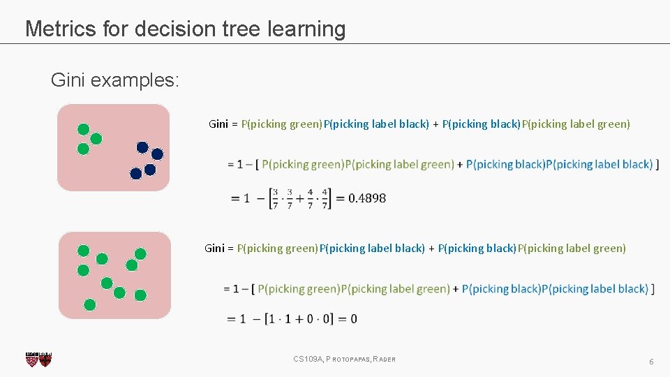 Metrics for decision tree learning Gini examples: Gini = P(picking green)P(picking label black) +