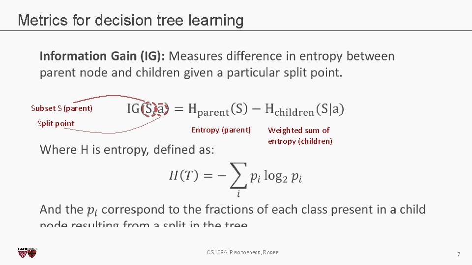 Metrics for decision tree learning Subset S (parent) Split point Entropy (parent) Weighted sum