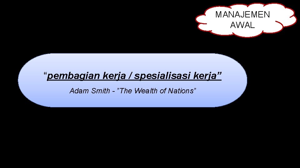 MANAJEMEN AWAL “pembagian kerja / spesialisasi kerja” Adam Smith - ”The Wealth of Nations”