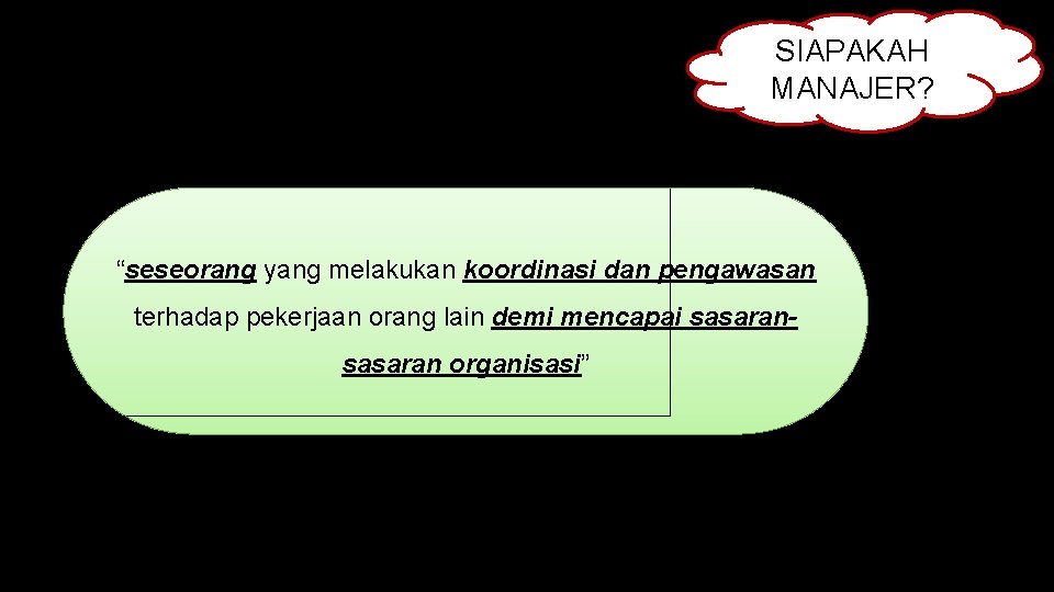 SIAPAKAH MANAJER? “seseorang yang melakukan koordinasi dan pengawasan terhadap pekerjaan orang lain demi mencapai