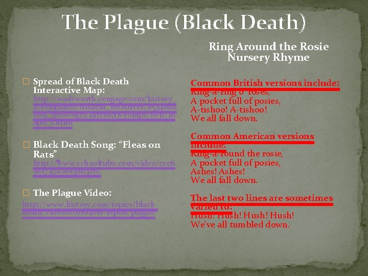 The Plague (Black Death) Ring Around the Rosie Nursery Rhyme � Spread of Black