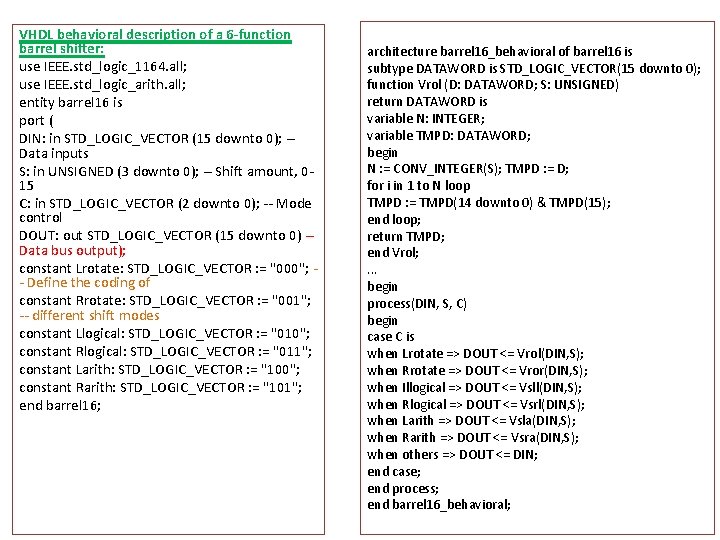 VHDL behavioral description of a 6 -function barrel shifter: use IEEE. std_logic_1164. all; use