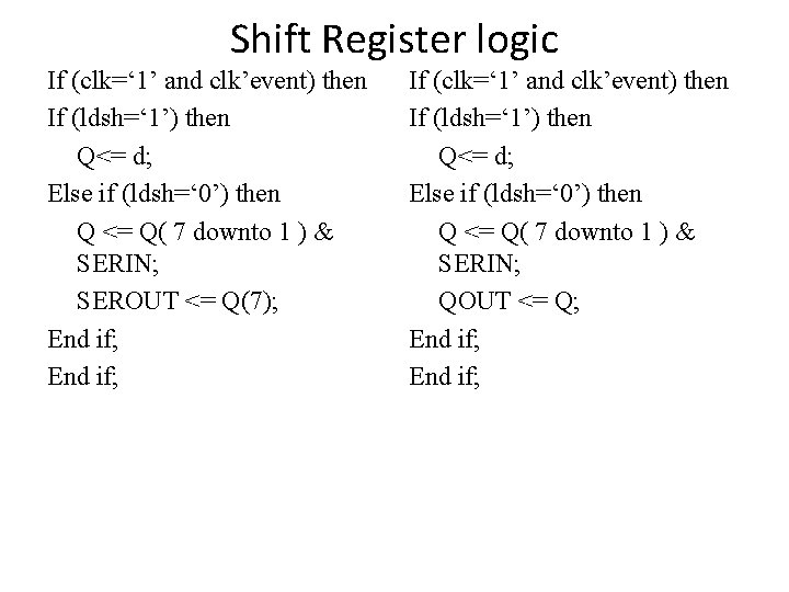 Shift Register logic If (clk=‘ 1’ and clk’event) then If (ldsh=‘ 1’) then Q<=