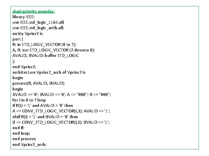 dual-priority encoder: library IEEE; use IEEE. std_logic_1164. all; use IEEE. std_logic_arith. all; entity Vprior