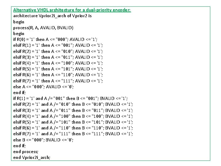 Alternative VHDL architecture for a dual-priority encoder: architecture Vprior 2 i_arch of Vprior 2