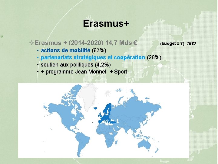 Erasmus+ ²Erasmus + (2014 -2020) 14, 7 Mds € (budget x 7) 1987 •