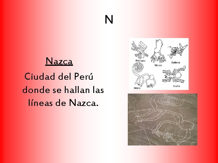 N Nazca Ciudad del Perú donde se hallan las líneas de Nazca. 