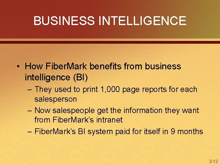 BUSINESS INTELLIGENCE • How Fiber. Mark benefits from business intelligence (BI) – They used