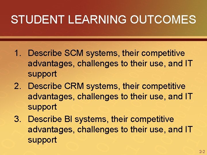 STUDENT LEARNING OUTCOMES 1. Describe SCM systems, their competitive advantages, challenges to their use,