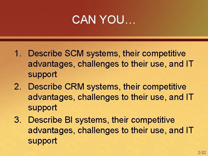 CAN YOU… 1. Describe SCM systems, their competitive advantages, challenges to their use, and