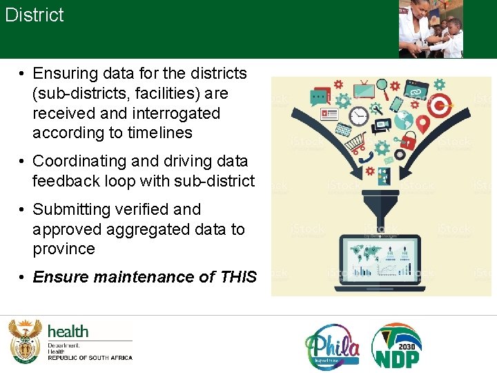 District • Ensuring data for the districts (sub-districts, facilities) are received and interrogated according