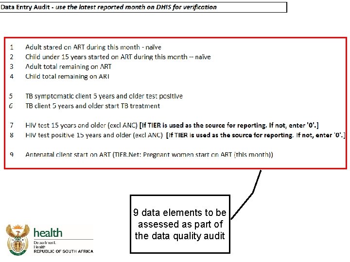 Integrated audit tool – Data quality 9 data elements to be assessed as part