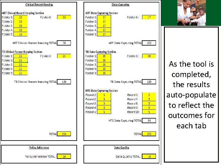 Integrated audit tool – Results As the tool is completed, the results auto-populate to