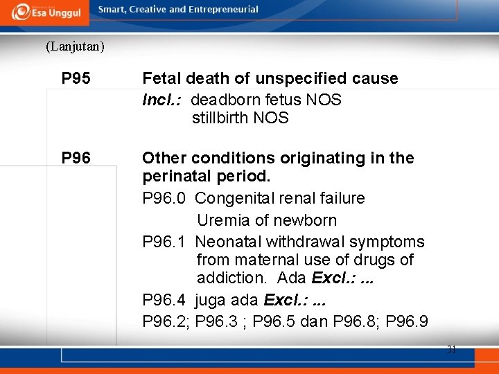 (Lanjutan) P 95 Fetal death of unspecified cause Incl. : deadborn fetus NOS stillbirth
