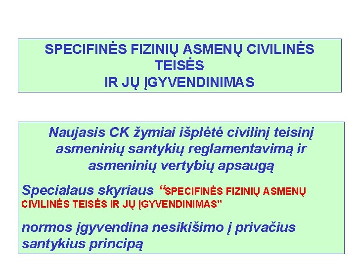 SPECIFINĖS FIZINIŲ ASMENŲ CIVILINĖS TEISĖS IR JŲ ĮGYVENDINIMAS Naujasis CK žymiai išplėtė civilinį teisinį