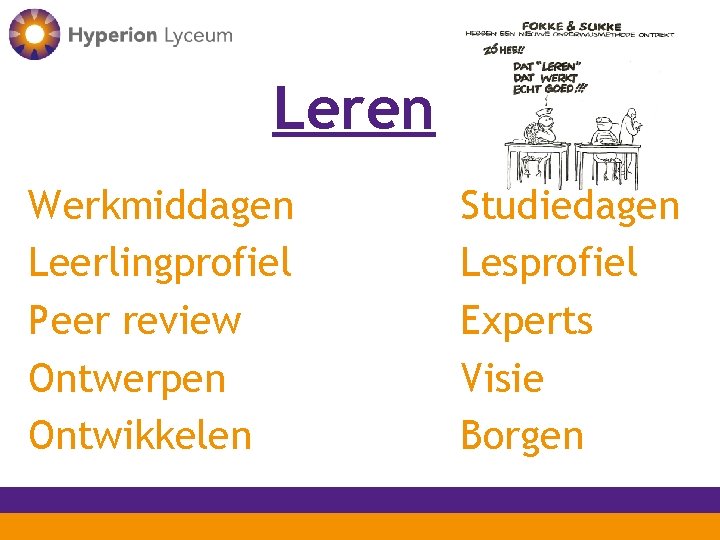 Leren Werkmiddagen Leerlingprofiel Peer review Ontwerpen Ontwikkelen Studiedagen Lesprofiel Experts Visie Borgen 