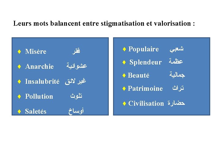 Leurs mots balancent entre stigmatisation et valorisation : ♦ Misère ﻓﻘﺮ ♦ Anarchie ﻋﺸﻮﺍﺋﻴﺔ