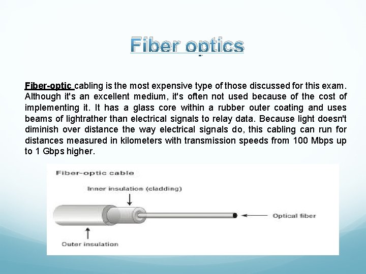 Fiber optics Fiber-optic cabling is the most expensive type of those discussed for this