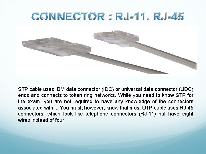 CONNECTOR : RJ-11, RJ-45 STP cable uses IBM data connector (IDC) or universal data