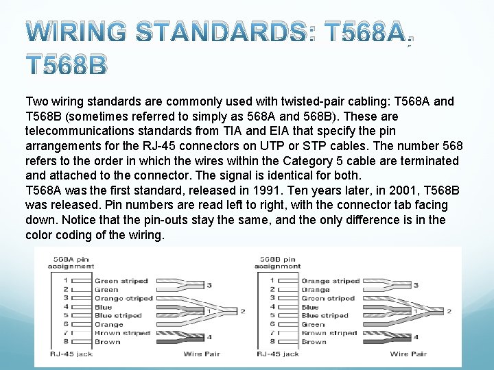 WIRING STANDARDS: T 568 A, T 568 B Two wiring standards are commonly used