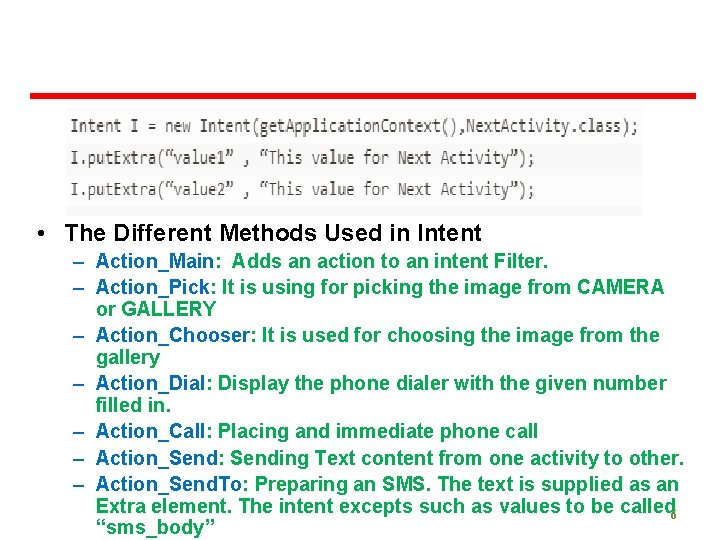  • The Different Methods Used in Intent – Action_Main: Adds an action to