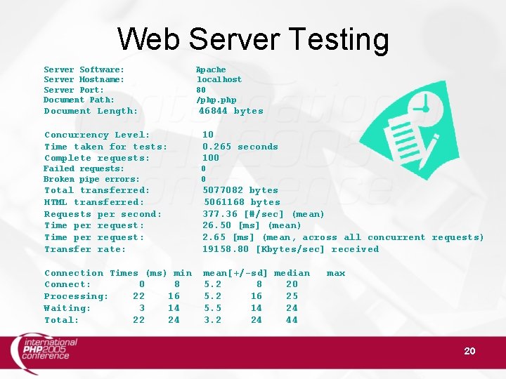 Web Server Testing Server Software: Apache Server Hostname: localhost Server Port: 80 Document Path: