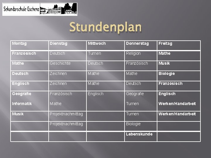 Stundenplan Montag Französisch Mathe Deutsch Englisch Geografie Informatik Musik Dienstag Mittwoch Donnerstag Freitag Deutsch