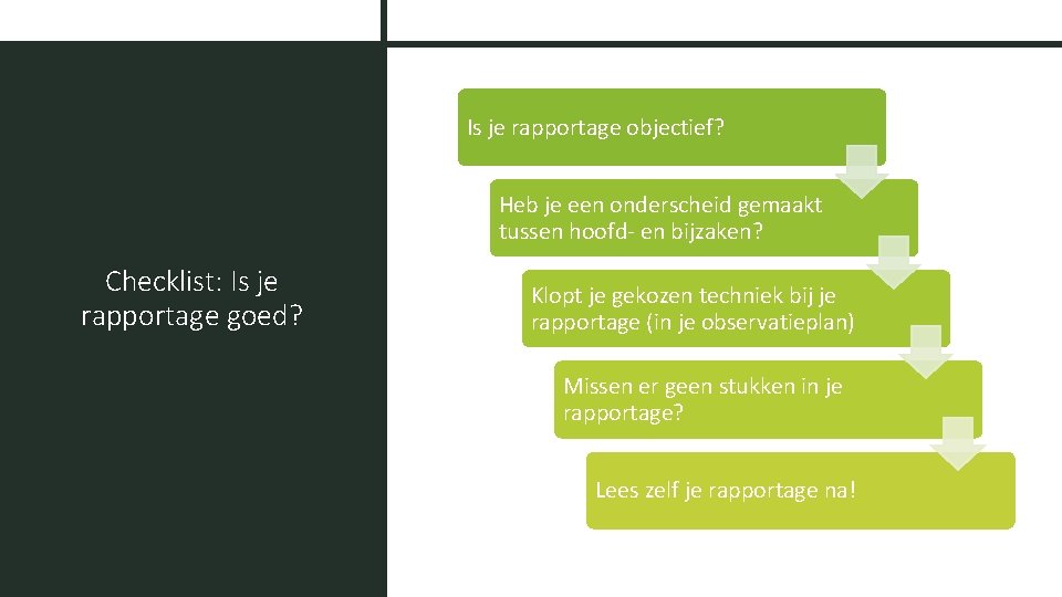 Is je rapportage objectief? Heb je een onderscheid gemaakt tussen hoofd- en bijzaken? Checklist: