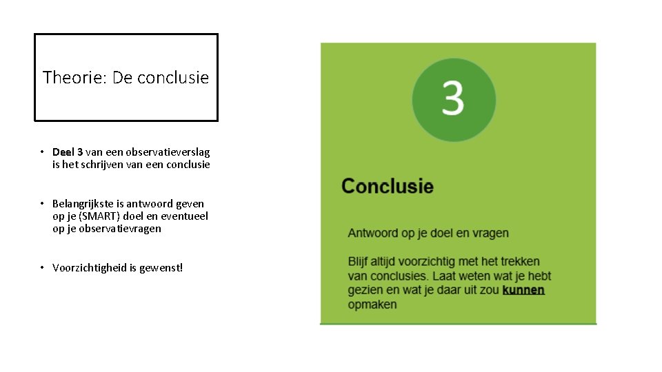 Theorie: De conclusie • Deel 3 van een observatieverslag is het schrijven van een