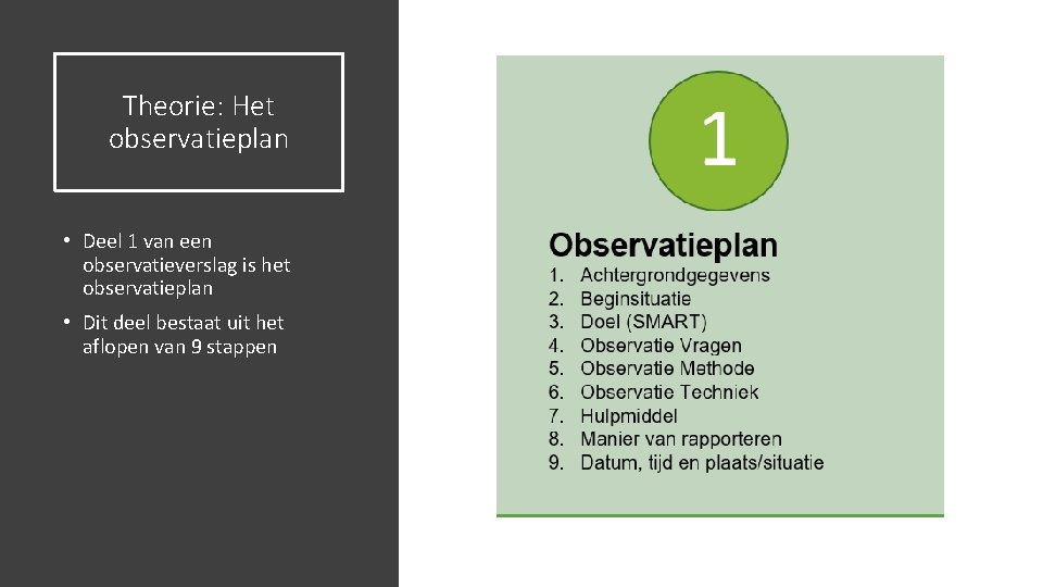 Theorie: Het observatieplan • Deel 1 van een observatieverslag is het observatieplan • Dit