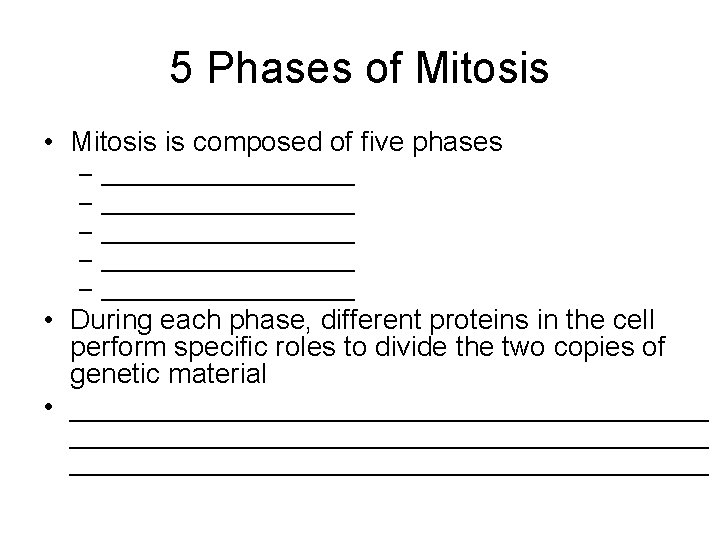 5 Phases of Mitosis • Mitosis is composed of five phases – – –