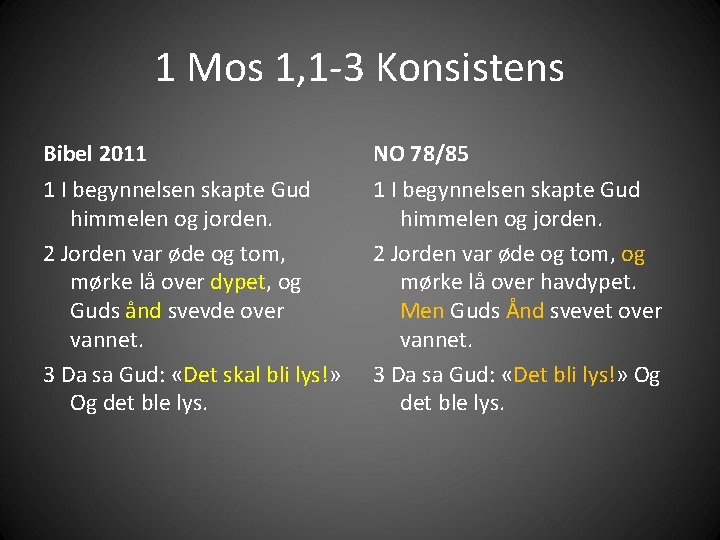 1 Mos 1, 1 -3 Konsistens Bibel 2011 NO 78/85 1 I begynnelsen skapte