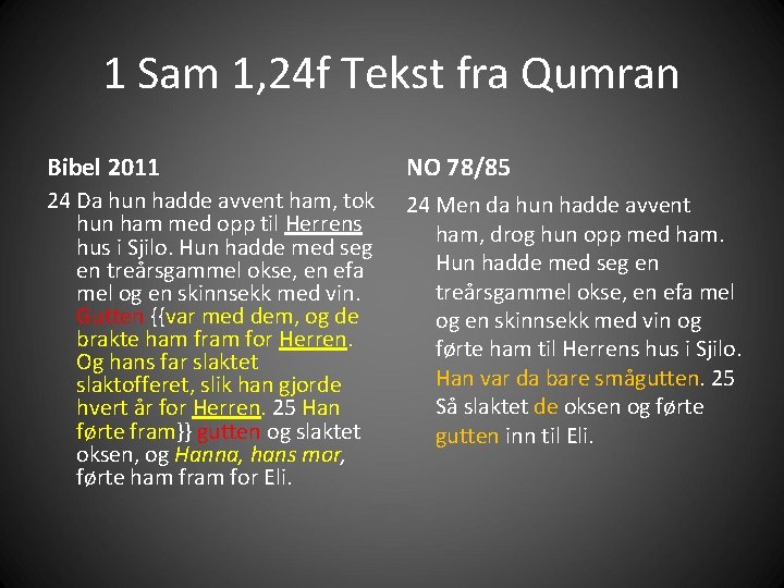 1 Sam 1, 24 f Tekst fra Qumran Bibel 2011 NO 78/85 24 Da