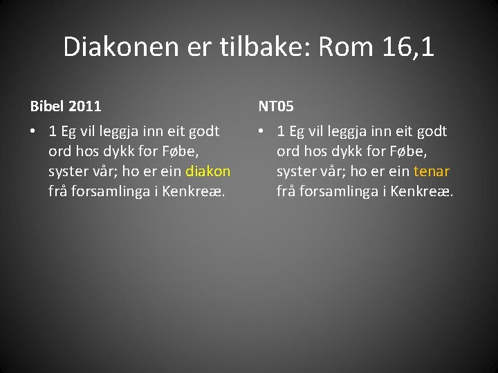 Diakonen er tilbake: Rom 16, 1 Bibel 2011 NT 05 • 1 Eg vil